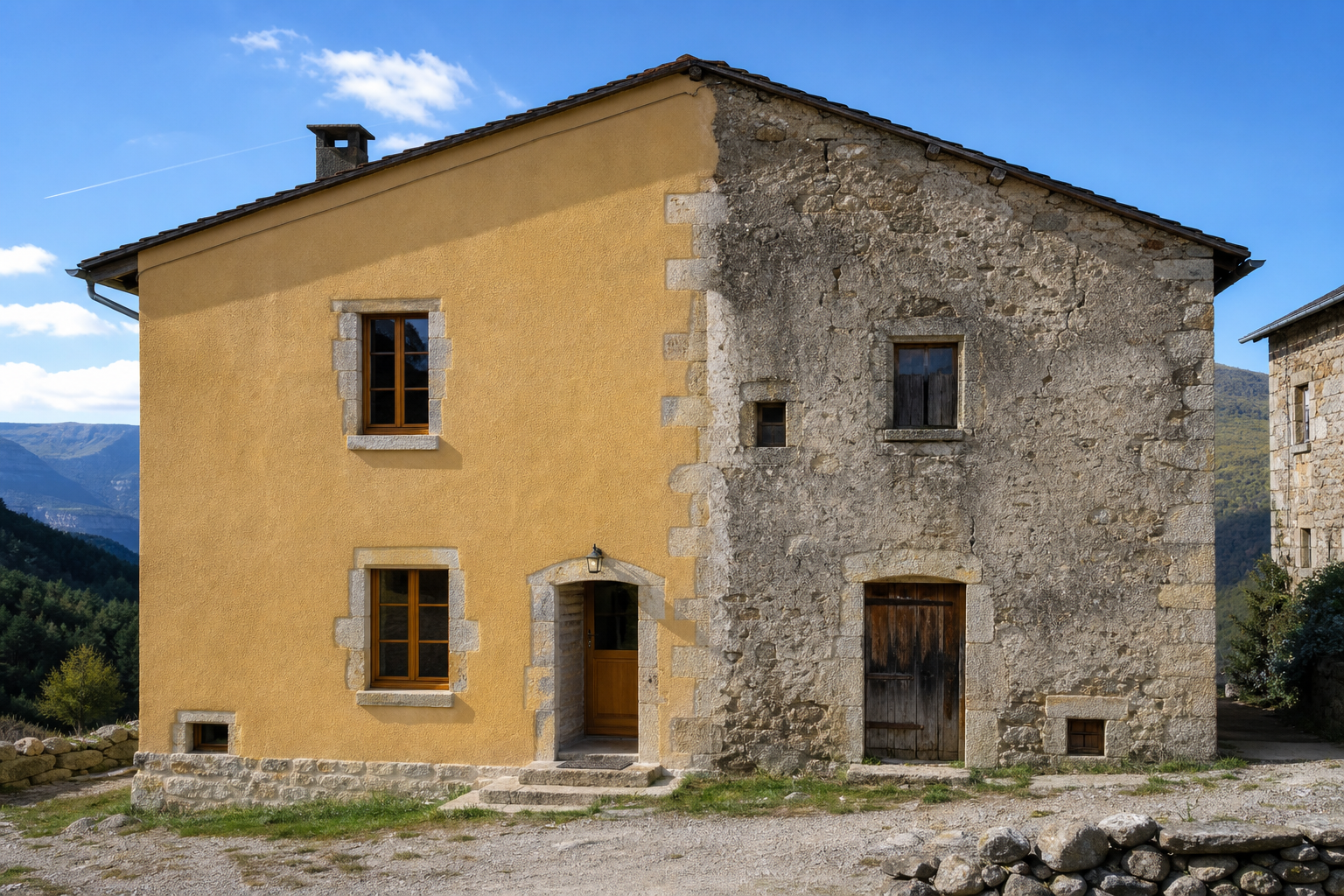 Traitement hydrofuge et anti-mousse d'une façade rénovée en Lozère