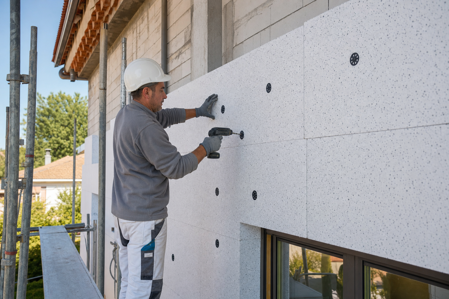 Ouvrier posant un isolant thermique par l'extérieur avant le ravalement d'une façade