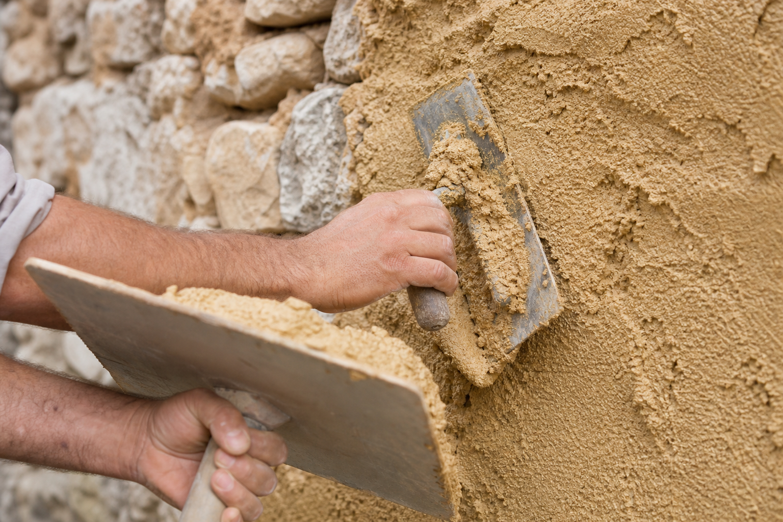 Artisan projetant un enduit à la chaux sur une façade en pierre ancienne à Mende