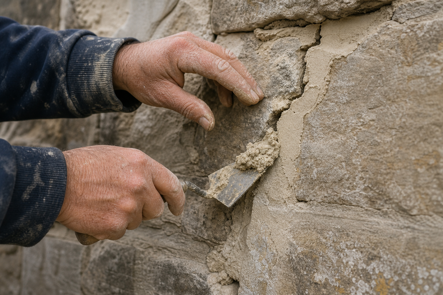 Artisan réparant des fissures de façade au couteau à enduire